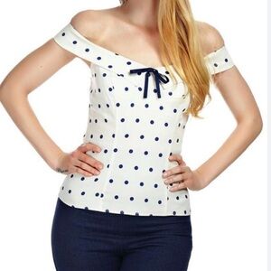 Collectif off the shoulder White and Blue Polka Dot Blouse